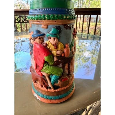 Vintage Ceramic Beer Stein with Relief Tavern Scene Tree Branch Handle - Thumbnail 4