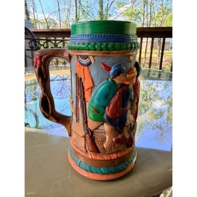 Vintage Ceramic Beer Stein with Relief Tavern Scene Tree Branch Handle - Thumbnail 6