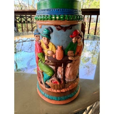 Vintage Ceramic Beer Stein with Relief Tavern Scene Tree Branch Handle - Thumbnail 2