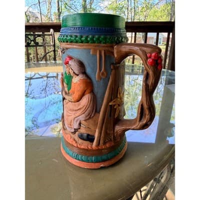 Vintage Ceramic Beer Stein with Relief Tavern Scene Tree Branch Handle - Thumbnail 9