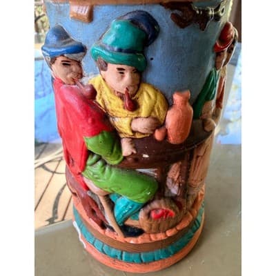 Vintage Ceramic Beer Stein with Relief Tavern Scene Tree Branch Handle - Thumbnail 16