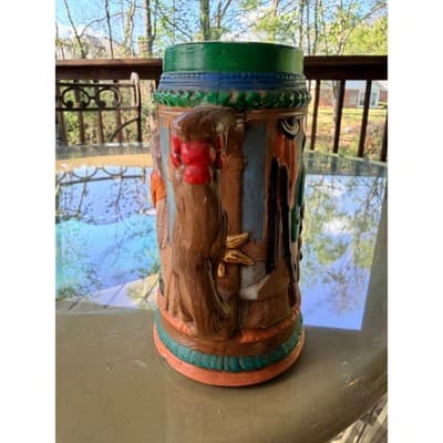 Vintage Ceramic Beer Stein with Relief Tavern Scene Tree Branch Handle - Thumbnail 8