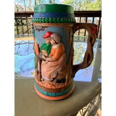 Vintage Ceramic Beer Stein with Relief Tavern Scene Tree Branch Handle - Thumbnail 10