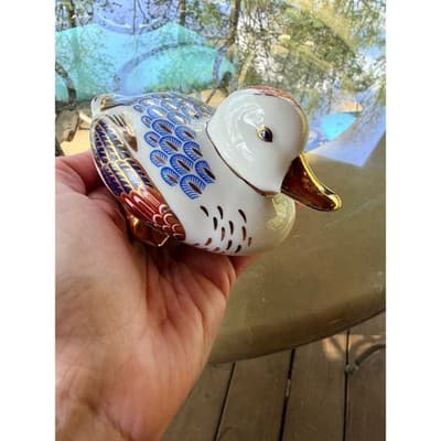 Vintage Porcelain Duck Figurine Blue & Gold Feather Pattern Decor Collectible - Thumbnail 6