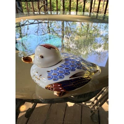 Vintage Porcelain Duck Figurine Blue & Gold Feather Pattern Decor Collectible - Thumbnail 12
