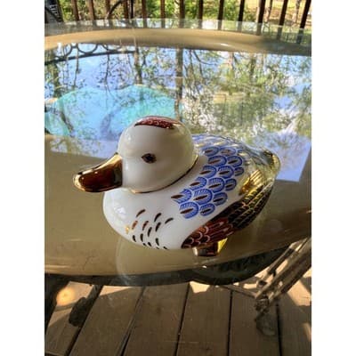 Vintage Porcelain Duck Figurine Blue & Gold Feather Pattern Decor Collectible