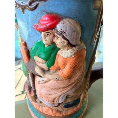 Vintage Ceramic Beer Stein with Relief Tavern Scene Tree Branch Handle - Thumbnail 14