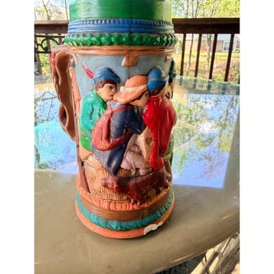Vintage Ceramic Beer Stein with Relief Tavern Scene Tree Branch Handle - Thumbnail 5