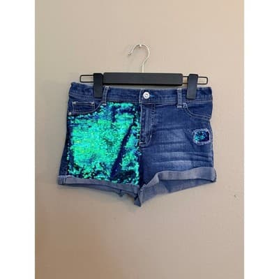 Jordache Girls' Flip Embellished Sequin Denim Shorts Blue Size 16 - Thumbnail 2