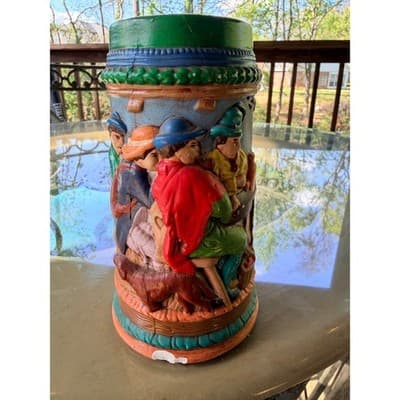 Vintage Ceramic Beer Stein with Relief Tavern Scene Tree Branch Handle - Thumbnail 3