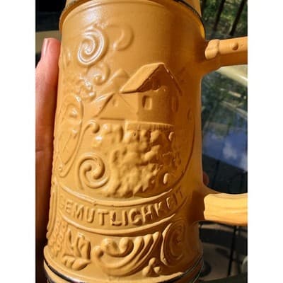 Vintage German Gemütlichkeit Ceramic Beer Stein Antler Handle No Lid - Thumbnail 13