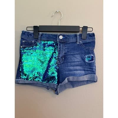 Jordache Girls' Flip Embellished Sequin Denim Shorts Blue Size 16 - Thumbnail 3