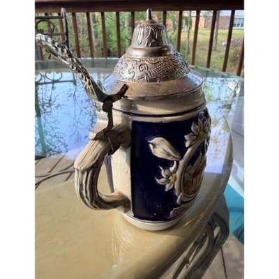 Vintage German Hand Painted Beer Stein Pewter Lid Edelweiss Relief Mug - Thumbnail 2