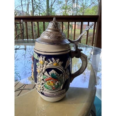 Vintage German Hand Painted Beer Stein Pewter Lid Edelweiss Relief Mug - Thumbnail 3