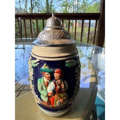 Vintage German Hand Painted Beer Stein Pewter Lid Edelweiss Relief Mug - Thumbnail 4