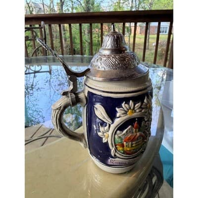 Vintage German Hand Painted Beer Stein Pewter Lid Edelweiss Relief Mug - Thumbnail 5