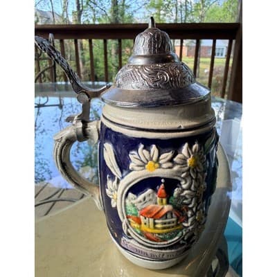 Vintage German Hand Painted Beer Stein Pewter Lid Edelweiss Relief Mug - Thumbnail 6
