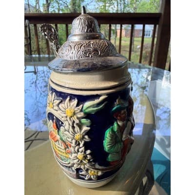 Vintage German Hand Painted Beer Stein Pewter Lid Edelweiss Relief Mug - Thumbnail 7