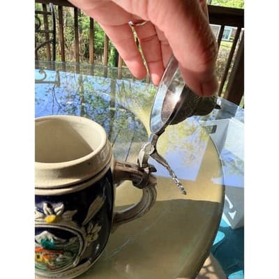 Vintage German Hand Painted Beer Stein Pewter Lid Edelweiss Relief Mug - Thumbnail 14