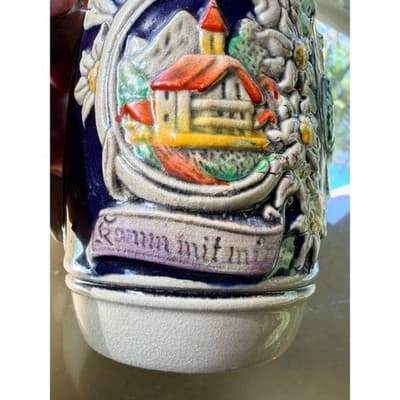 Vintage German Hand Painted Beer Stein Pewter Lid Edelweiss Relief Mug - Thumbnail 16
