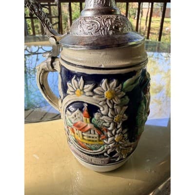 Vintage German Hand Painted Beer Stein Pewter Lid Edelweiss Relief Mug - Thumbnail 17