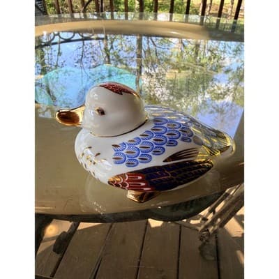 Vintage Porcelain Duck Figurine Blue & Gold Feather Pattern Decor Collectible - Thumbnail 3