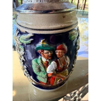 Vintage German Hand Painted Beer Stein Pewter Lid Edelweiss Relief Mug - Thumbnail 18