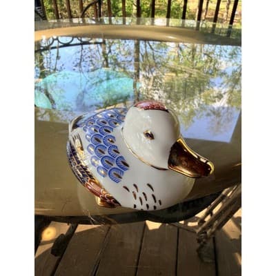 Vintage Porcelain Duck Figurine Blue & Gold Feather Pattern Decor Collectible - Thumbnail 4