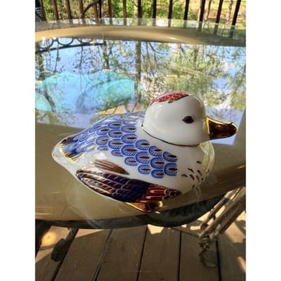 Vintage Porcelain Duck Figurine Blue & Gold Feather Pattern Decor Collectible - Thumbnail 8