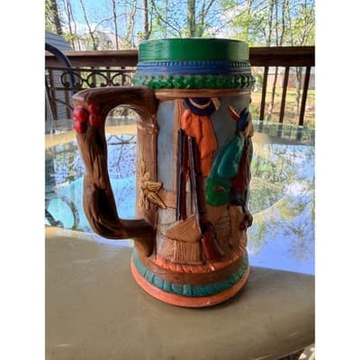 Vintage Ceramic Beer Stein with Relief Tavern Scene Tree Branch Handle - Thumbnail 7