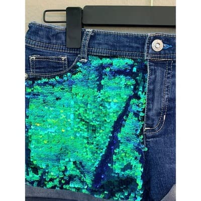 Jordache Girls' Flip Embellished Sequin Denim Shorts Blue Size 16 - Thumbnail 4