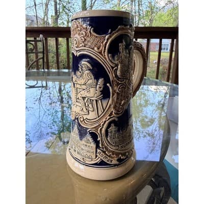 Vintage German Stoneware Beer Stein Marzi & Remy RARE Castle Relief - Thumbnail 2