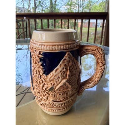 Vintage German Stoneware Beer Stein with Castle & Edelweiss Relief - Thumbnail 3