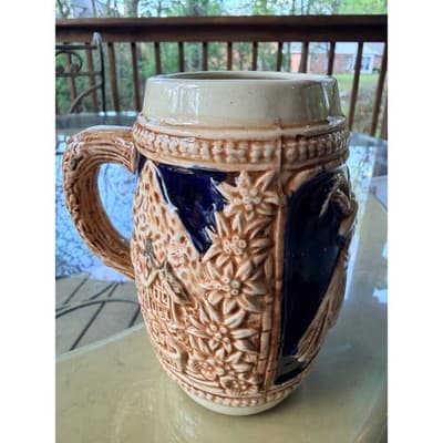 Vintage German Stoneware Beer Stein with Castle & Edelweiss Relief - Thumbnail 5
