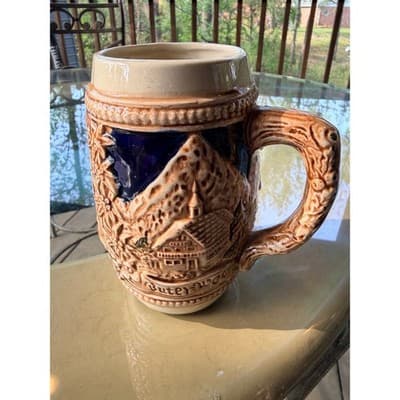 Vintage German Stoneware Beer Stein with Castle & Edelweiss Relief - Thumbnail 6