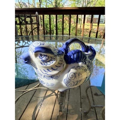 Vintage Blue & White Ceramic Bird Pitcher Ewer Head Spout Handle Creamer