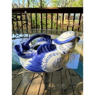 Vintage Blue & White Ceramic Bird Pitcher Ewer Head Spout Handle Creamer - Thumbnail 4