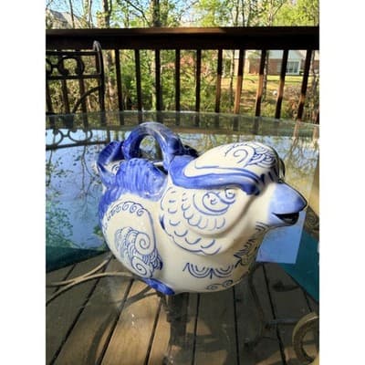 Vintage Blue & White Ceramic Bird Pitcher Ewer Head Spout Handle Creamer - Thumbnail 6