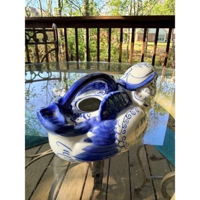 Vintage Blue & White Ceramic Bird Pitcher Ewer Head Spout Handle Creamer - Thumbnail 7