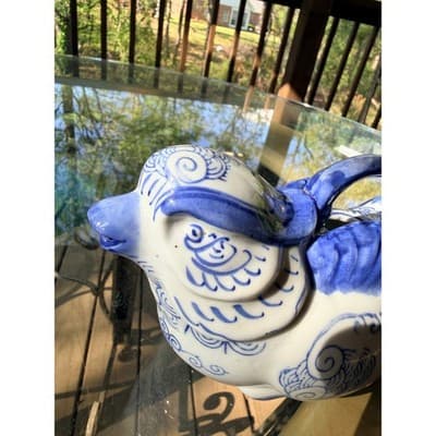 Vintage Blue & White Ceramic Bird Pitcher Ewer Head Spout Handle Creamer - Thumbnail 15