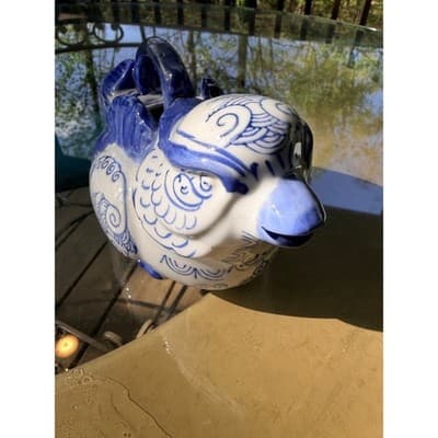 Vintage Blue & White Ceramic Bird Pitcher Ewer Head Spout Handle Creamer - Thumbnail 17