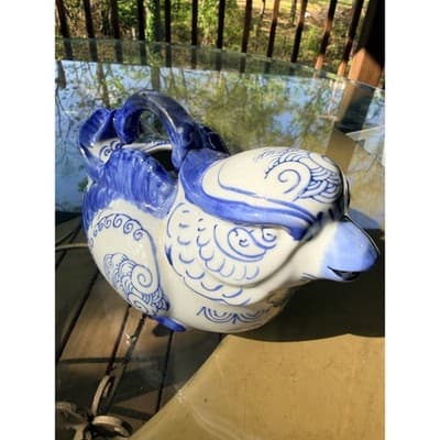 Vintage Blue & White Ceramic Bird Pitcher Ewer Head Spout Handle Creamer - Thumbnail 18