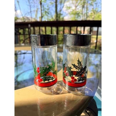 Vintage Christmas Holly & Berry Glass Salt & Pepper Shakers with Red Ribbon - Thumbnail 2
