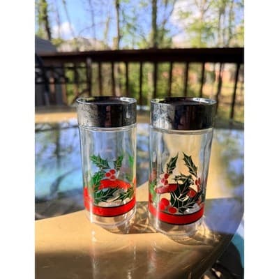 Vintage Christmas Holly & Berry Glass Salt & Pepper Shakers with Red Ribbon - Thumbnail 3