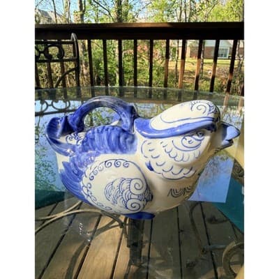 Vintage Blue & White Ceramic Bird Pitcher Ewer Head Spout Handle Creamer - Thumbnail 5