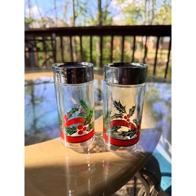 Vintage Christmas Holly & Berry Glass Salt & Pepper Shakers with Red Ribbon - Thumbnail 5