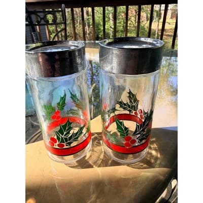 Vintage Christmas Holly & Berry Glass Salt & Pepper Shakers with Red Ribbon - Thumbnail 9