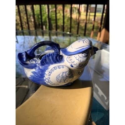 Vintage Blue & White Ceramic Bird Pitcher Ewer Head Spout Handle Creamer - Thumbnail 22