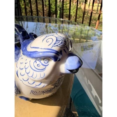 Vintage Blue & White Ceramic Bird Pitcher Ewer Head Spout Handle Creamer - Thumbnail 21