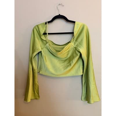 Willow & Root Satin Cold Shoulder Silky Split Bell Sleeves Top Green Small - Thumbnail 11